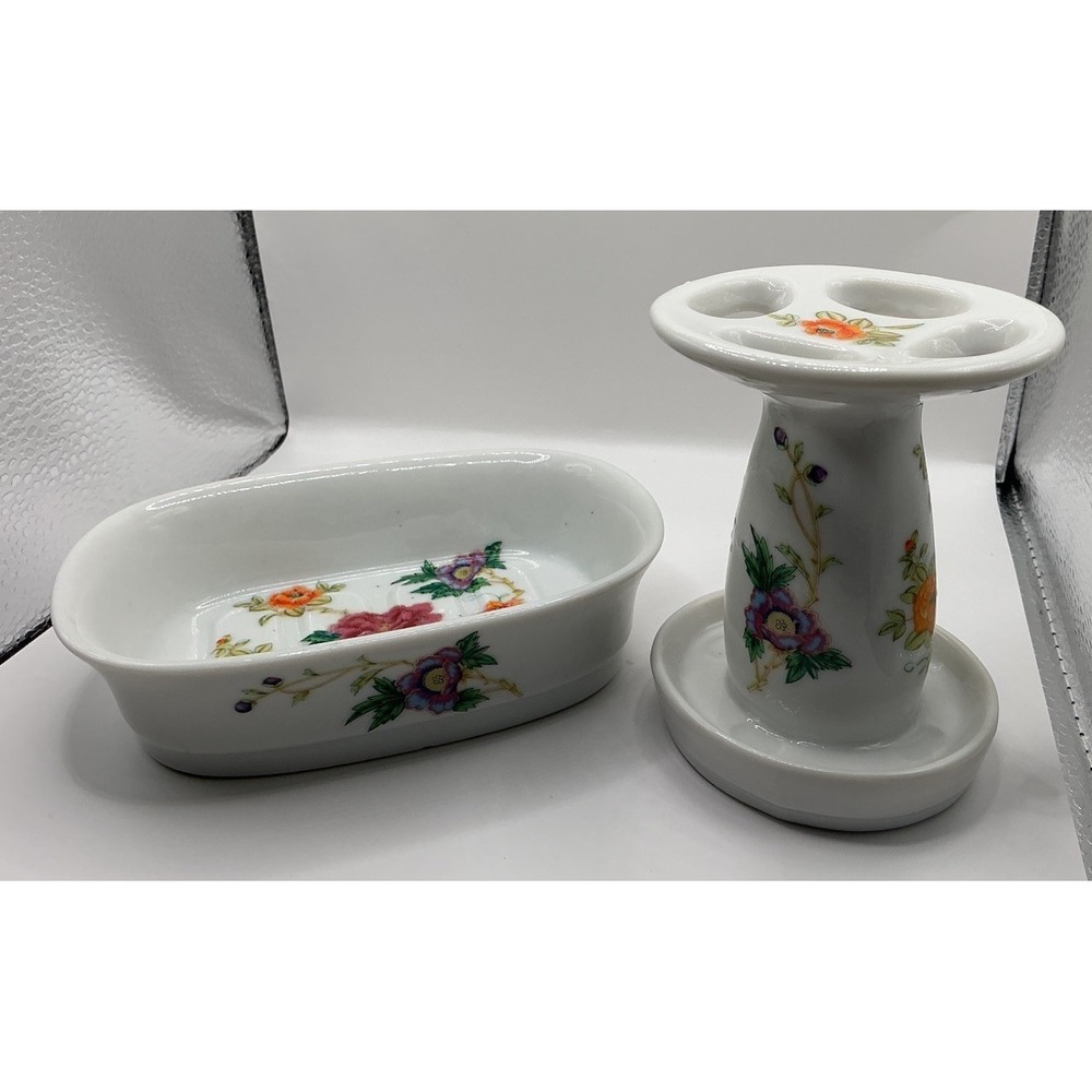 vintage Takahashi Porcelain 2 Piece Floral Soap Dish & Toothbrush Holder Japan